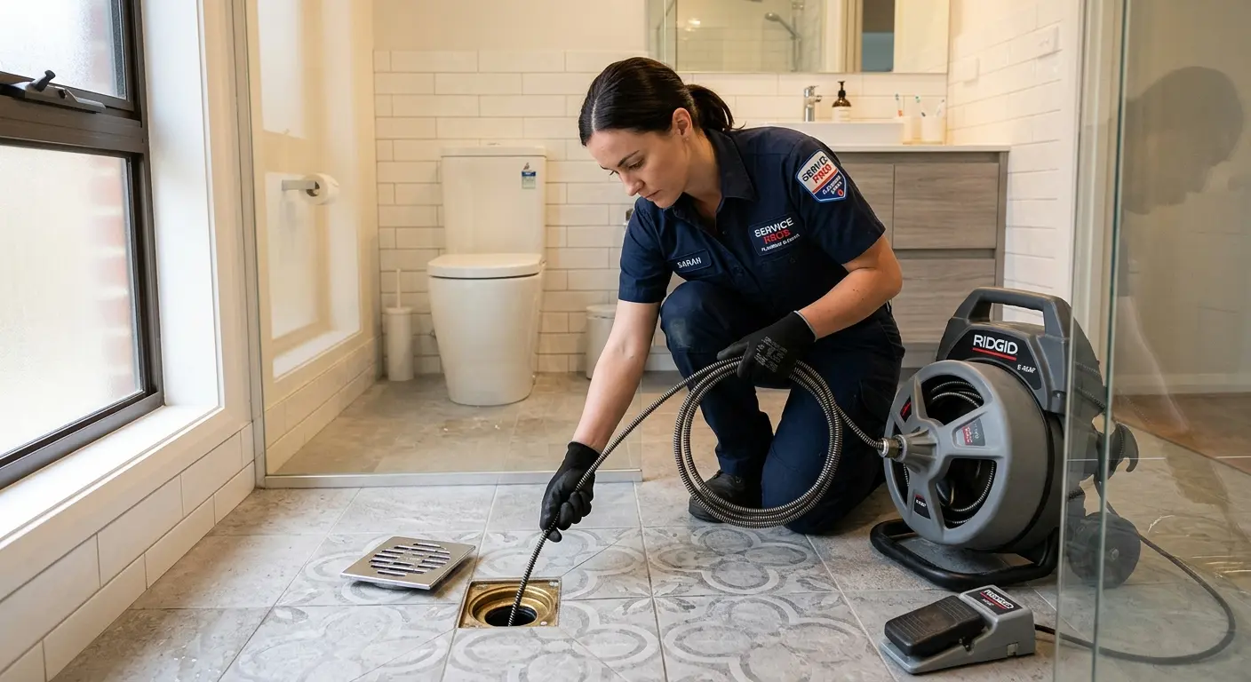 Technician clearing a bathroom floor drain for Hydro Jetting in Highwood
